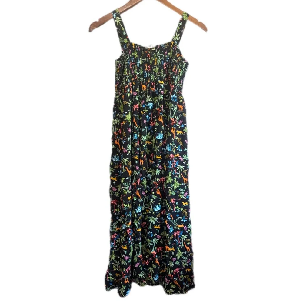 Wild Fable Jungle Animal Print Maxi Dress Kids XXL 18 Black Smocked Button Front